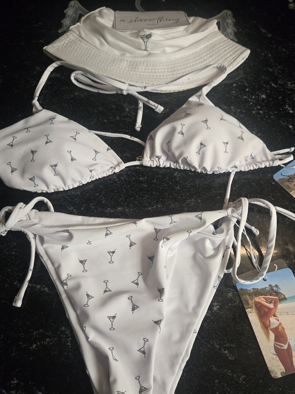White Martini Print Triangle Bikini Top & Tie-Side Bottom Set